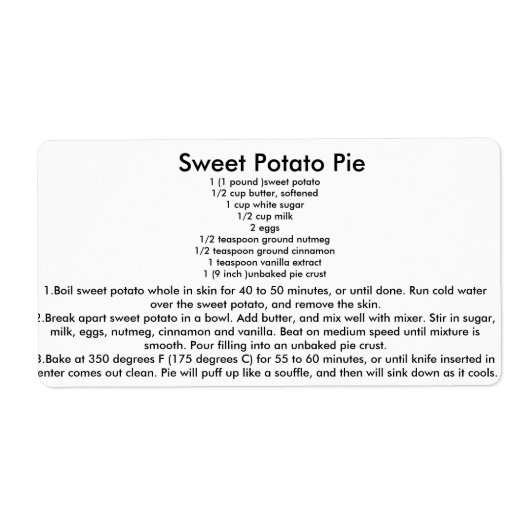 Étiquette Recette de tarte à la pomme de terre sucrée (Devant)