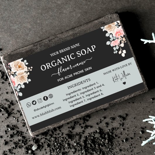Étiquette Rectangle de Savon Noir Floral Fait Mais