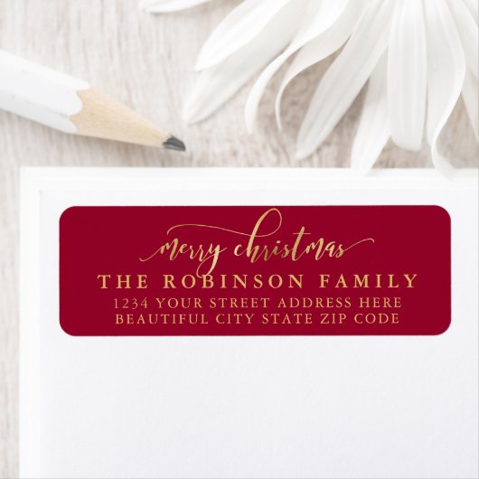 Étiquette Red and Gold Script Christmas Return Address (En situation)