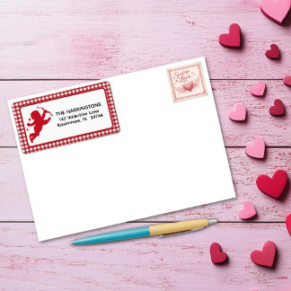 Étiquette Red and White Plaid Gingham Valentine Cupid