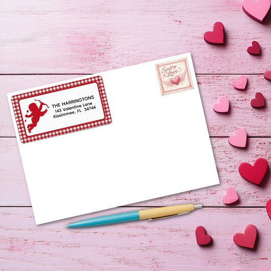 Étiquette Red and White Plaid Gingham Valentine Cupid