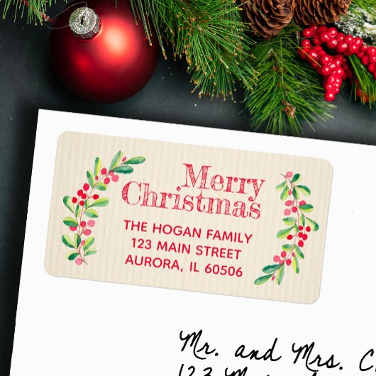 Étiquette Red Berries Feuille ivoire vacances de Noël Retour