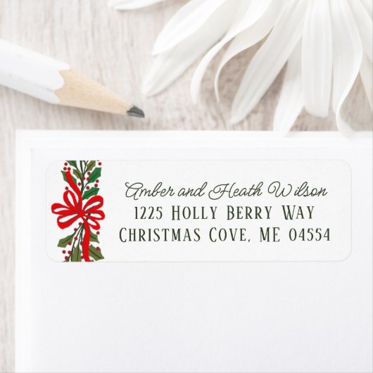 Étiquette Red Bow et Holly Garland Adresse de retour de vaca (En situation)