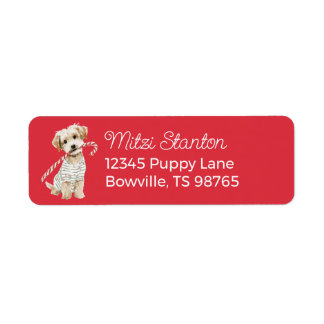 Étiquette Red Christmas Puppy in a Scarf address label