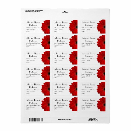 Étiquette Red Gerbera Daisy Flower Mariage Adresse de retour (Feuille entière)