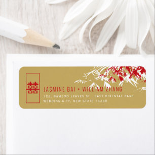 Étiquette Red & Gold Bamboo Feuille Zen Asian Mariage Adress