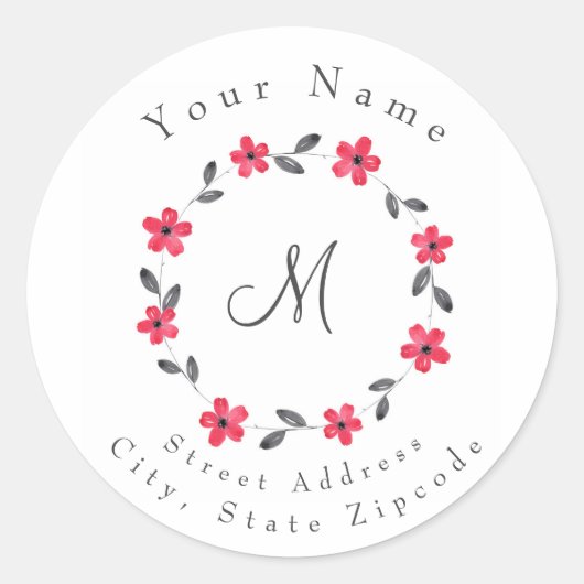 étiquette 'Red Grey Black Aquarelle Florale Wreath (Devant)