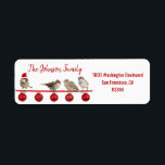 Étiquette Red White Birds Santa Hat Christmas Retour Adresse<br><div class="desc">Étiquettes de retour amusants et modernes pour Noël (Noël) Cartes de voeux / enveloppes de Noël. Éperviers,  oiseaux sur des boules d'ornement rouge avec le casquette du Père Noël. Lettres modernes ROUGES pour nom de famille et adresse. La couleur et la police de la lettre peuvent être modifiées.</div>