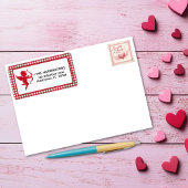 Étiquette Red & White Plaid Gingham Valentine Cupid & Bow