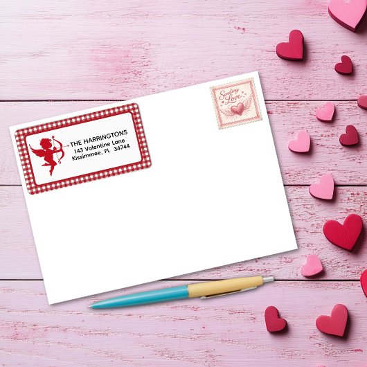 Étiquette Red & White Plaid Gingham Valentine Cupid & Bow