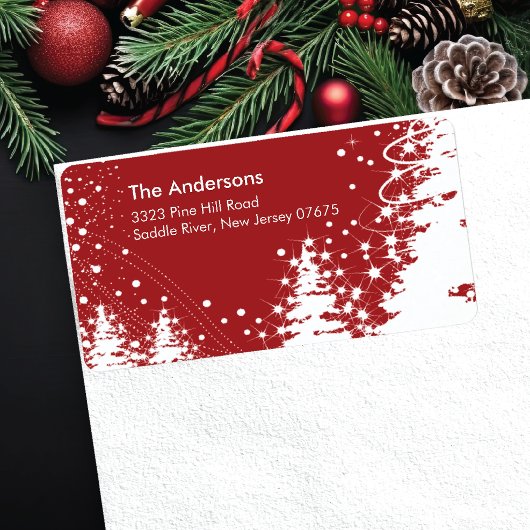 Étiquette Red Winter Tree Snow Scene Adresse de retour Étiqu
