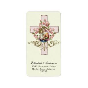 Étiquette Religious Virgin Mary Jesus pink roses cross