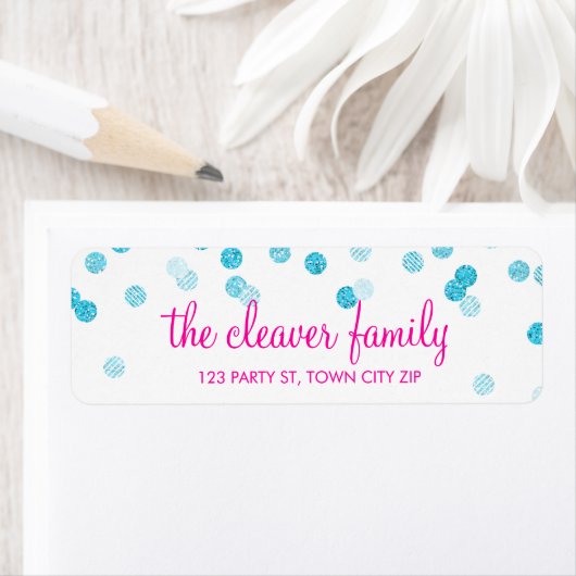 Étiquette RETOUR ADRESSE fun confetti poka point parties sci (En situation)