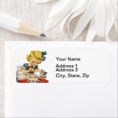 Étiquette Rétro Anniversaire Fille Cake Cat Enfants Artwork (En situation)