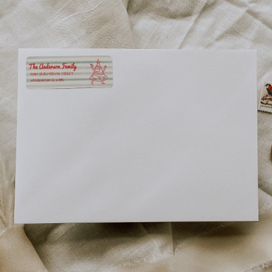 Étiquette Retro Drawn Green Red Funny Christmas Tree Address