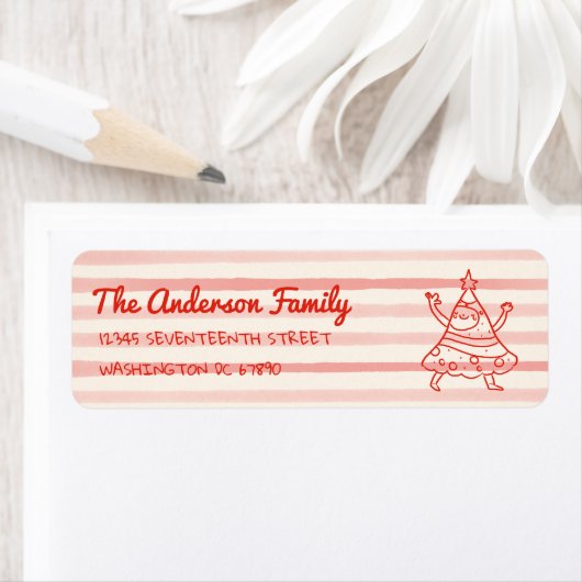Étiquette Retro Hand Drawn Red Funny Christmas Tree Address (En situation)