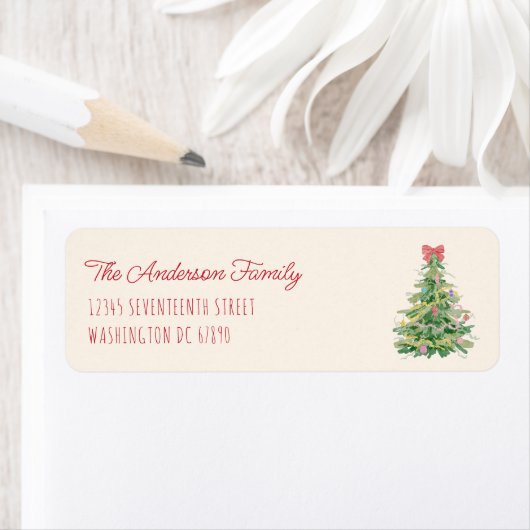 Étiquette Retro Quirky Rouge Vert Noël Fun Bow Tree (En situation)