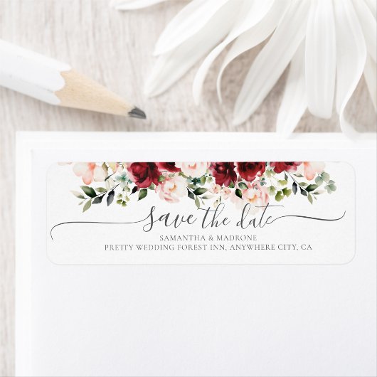 Étiquette Romantic Watercolor Burgundy Roses Save the Date 