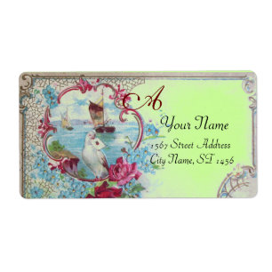 ÉTIQUETTE ROMANTICA, BLEU VERT FLORAL PLAGE MONOGRAM MARIAGE