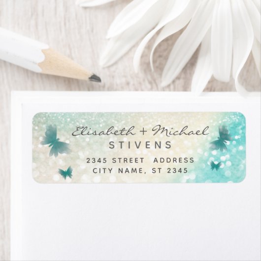 Étiquette Romantique scintilité papillon script mariage étiq (En situation)