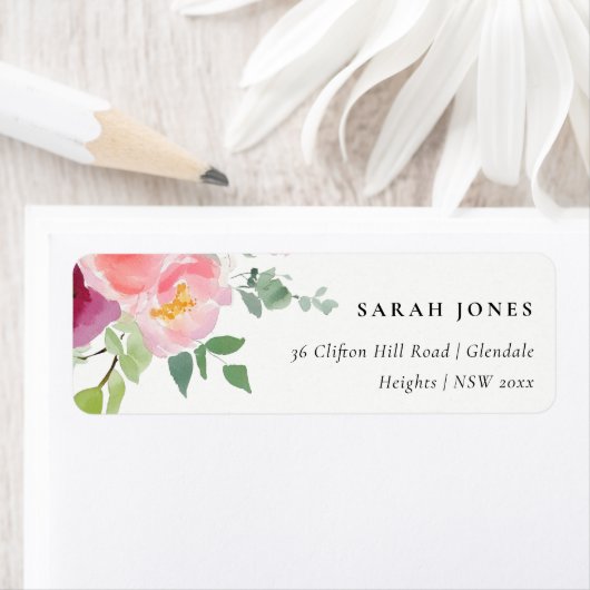 Étiquette Rose Blush Bourgogne Rose Aquarelle Adresse (En situation)