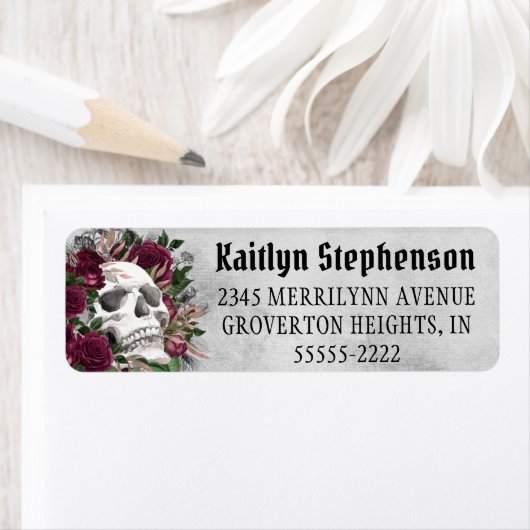 Étiquette Rose crâne gothique Bourgogne Maroon gris Étiquett (En situation)