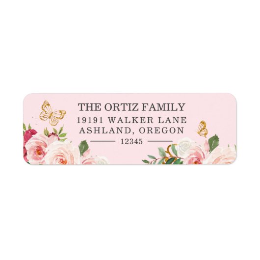 Étiquette Rose d'aquarelle rose Papillon Adresse de retour (Devant)