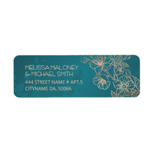 Étiquette Rose Gold Art Linéaire Floral Mariage Sarcelle