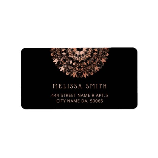 Étiquette Rose Gold Black Floral Mandala (Devant)