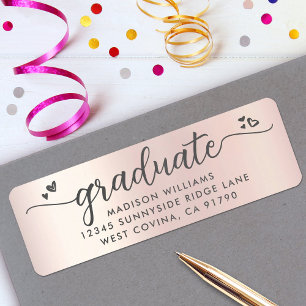 Étiquette Rose Gold Graduation Script Coeurs Modern Address