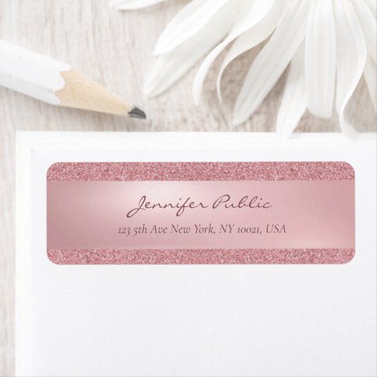 Étiquette Rose Gold Parties scintillant manuscrite Nom scrip (En situation)