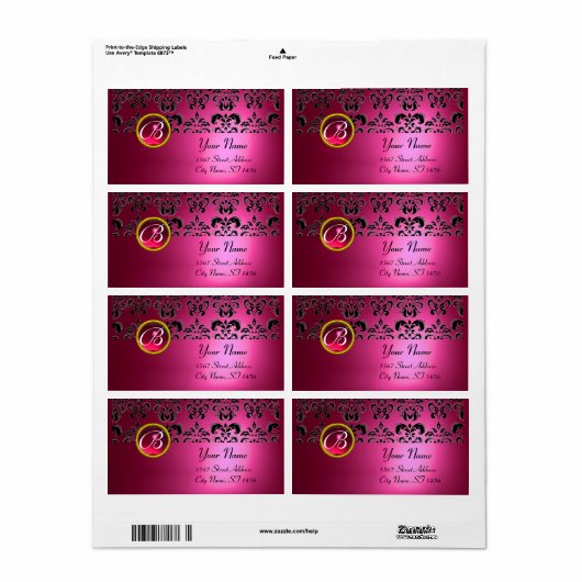 ÉTIQUETTE ROSE NOIR DOMMASK MONOGRAM, RUBY ROUGE (Feuille entière)