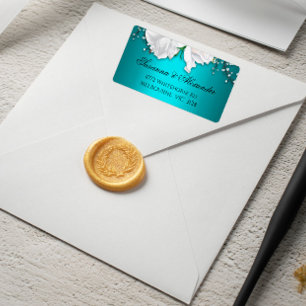 Étiquette Roses blanches et Aqua Mariage élégant