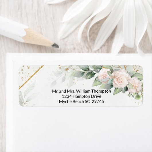 Étiquette Roses blanches Verdure Bébé-Douche (En situation)