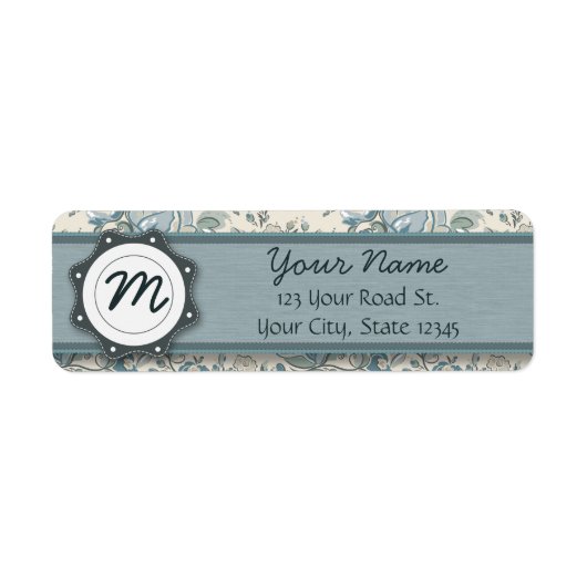Étiquette Roses bleu et crème avec Monogramme (Devant)
