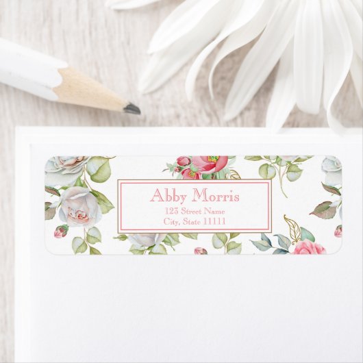 Étiquette Roses élégants avec Feuilles gravés or (En situation)