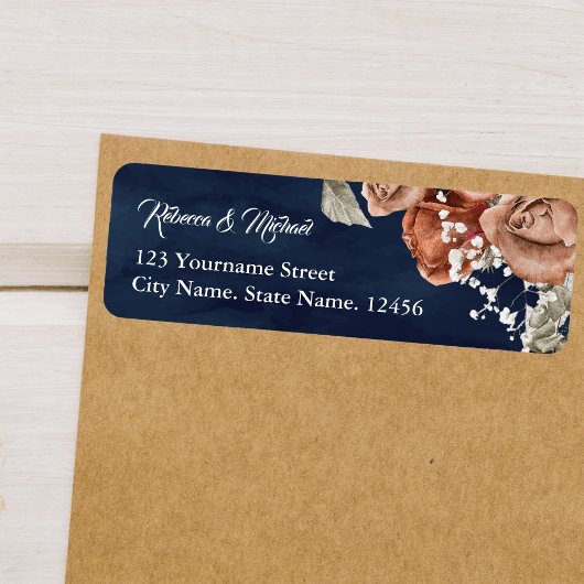 Étiquette Roses orange brûlé Terracotta Floral Navy Mariage