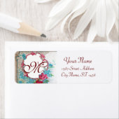 ÉTIQUETTE ROSES ROMANTIQUES, FLEURS BLEUES MONOGRAMME FLORAL (En situation)