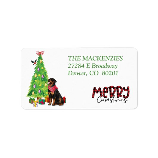 Étiquette Rottweiler Dog, Bird, Holiday Tree Adresse de reto (Devant)