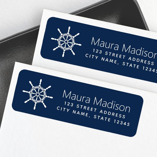 Étiquette Roue du navire bleu foncé nautique