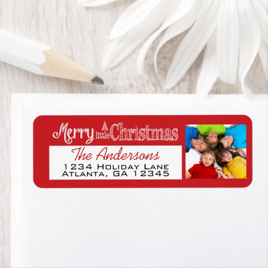 Étiquette Rouge avec votre photo de vacances Joyeux petit No (En situation)