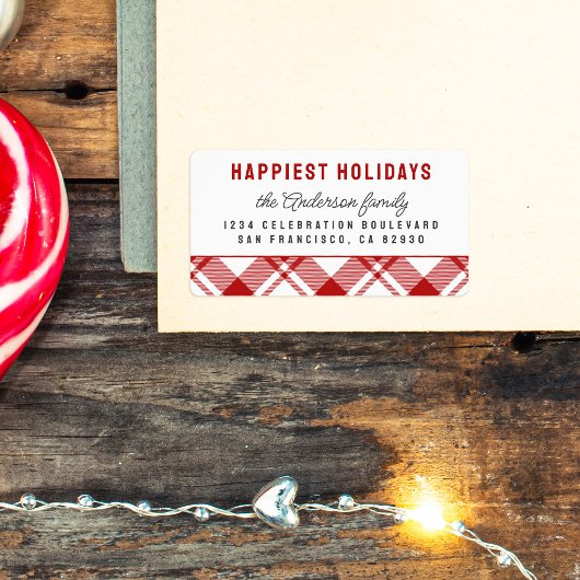 Étiquette Rouge & Blanc Tartan Plaid Christmas Adresse de re