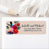 Étiquette Rouge Floral & Plumes Bleues Retourner les étiquet (En situation)