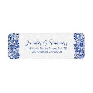 Étiquette Royal Blue Lace & White Vintage Floral Damas Lab
