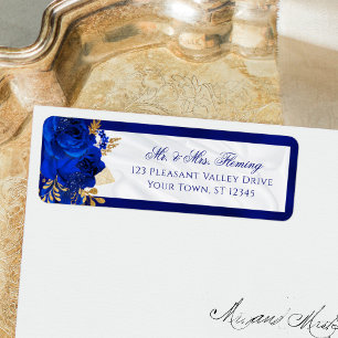 Étiquette Royal Blue White Floral Mariage Adresse de retour