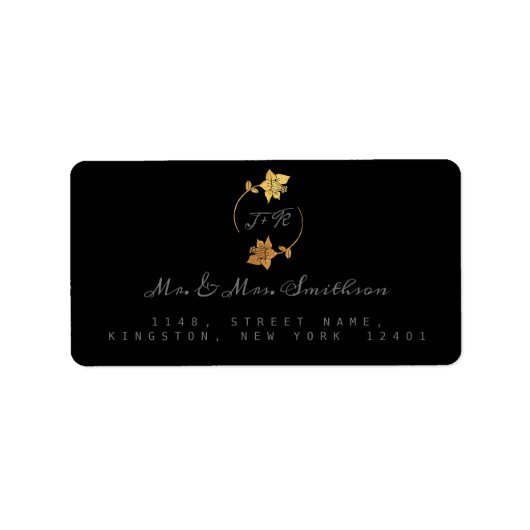 Étiquette RSVP Monogramme Gris Noir Fleurs de courroie d'or (Devant)