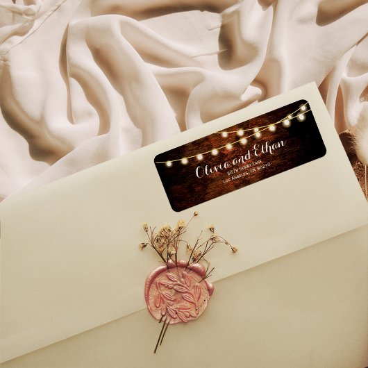 Étiquette Rustic Barn Bois Chaîne Lumières Mariage Adresse