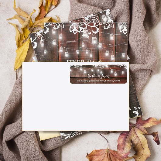 Étiquette Rustic Barn Lace Wood String Light Wedding Address