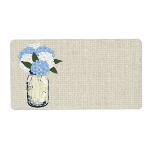 Étiquette Rustic Burlap Mason Jar Blue Hydrangeas