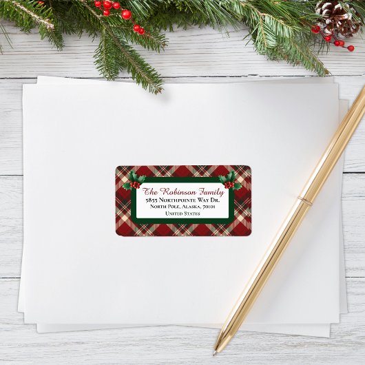 Étiquette Rustic Christmas Red Green Tartan Plaid Address
